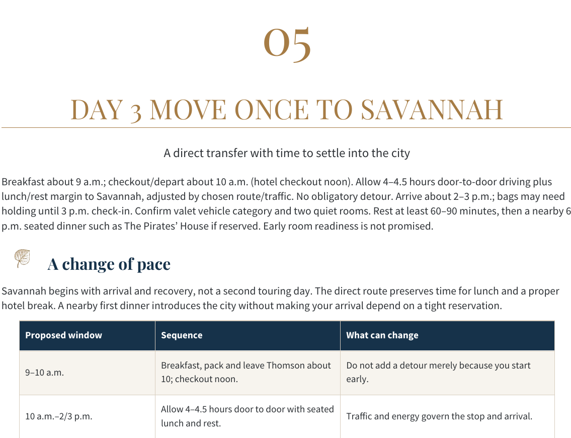 Signature day design for the move to Savannah: a direct transfer, lunch and rest margin, a recovery break after arrival and a nearby dinner; traffic and energy govern timing